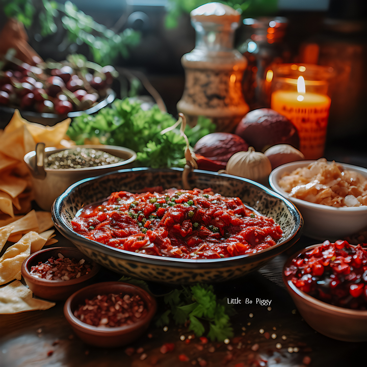 a bowl of seaweed salsa, a great dip for tortilla chips, fairy food, a candle on the table with other ingredients