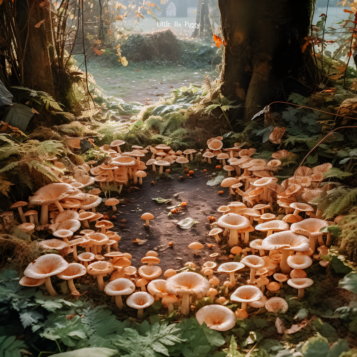 a circular fairy ring in an enchanted forest of magical mushrooms, where the fairies reside