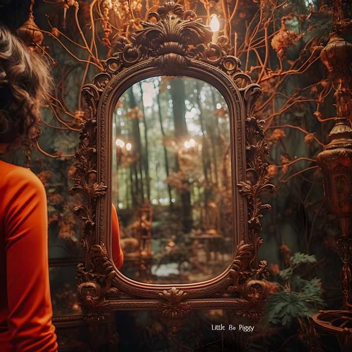 a woman with an orange shirt looking into an enchanted mirror in a fantasy castle, reflects back a mansion with candles everywhere