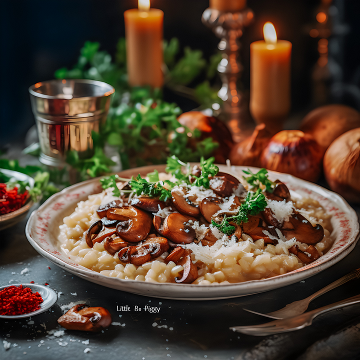 a mushroom risotto with cranberries, parmesan cheese, and pine nuts, on a plate on a table surrounded by onions and candles