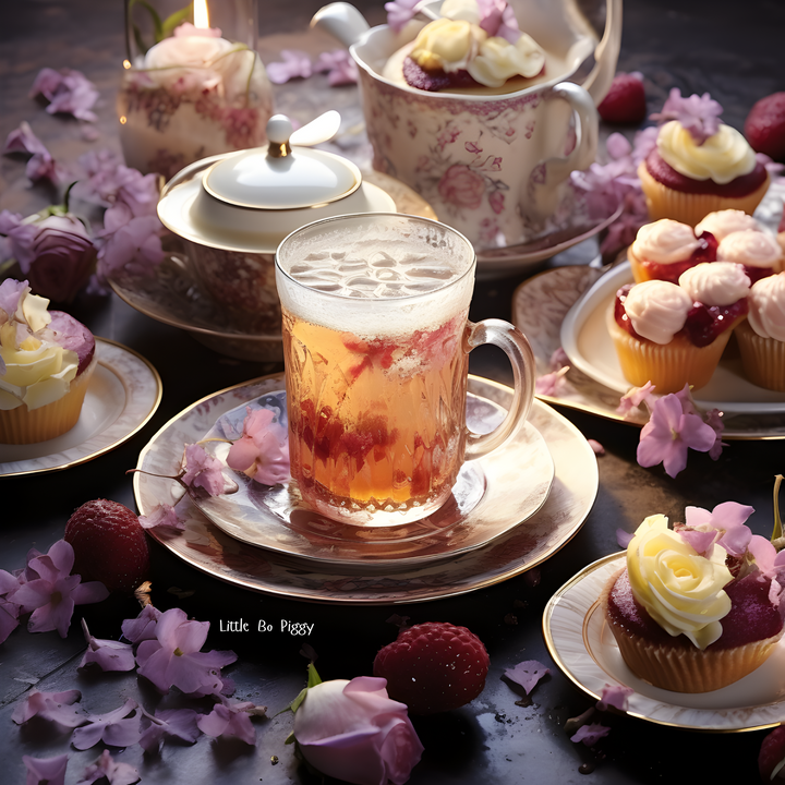a tea party with a cold drink of hibiscus petals, fresh ginger, elderflower syrup, sparkling water