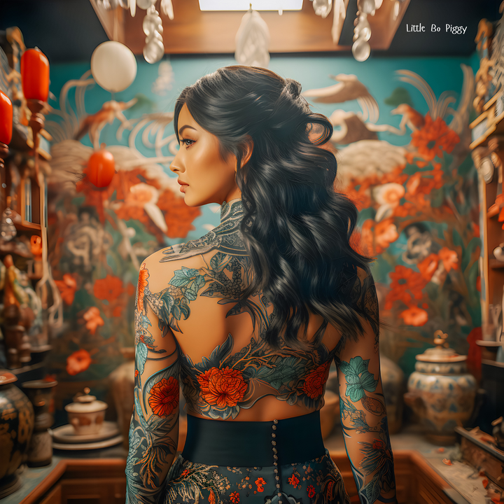 a woman with long black hair with colorful tattoos on her back, she is standing in an Asian-style room
