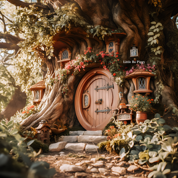 a fairy door in a tree trunk, in an enchanted forest, pink flowers around the door