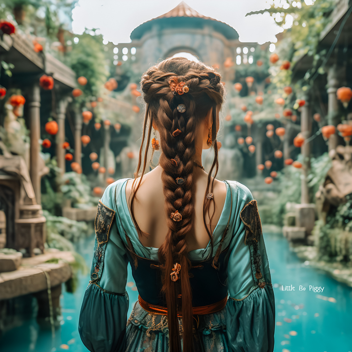 A princess standing at the edge of a cliff, overlooking a blue lagoon. Hair in large braids with flowers in them, blue tunic gown