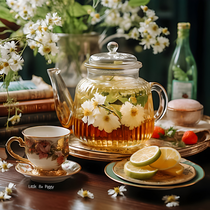 a teapot and china tea cups sitting on a table alongside a plate of lemons - the tea is made of honey, chamomile flowers, green tea, lavender, vanilla extract, and mint