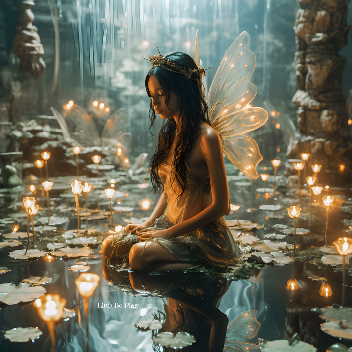 a dark-haired fairy with glowing wings, sitting in the middle of a dark pond in a cave. The pond is lit up by fairy lights.