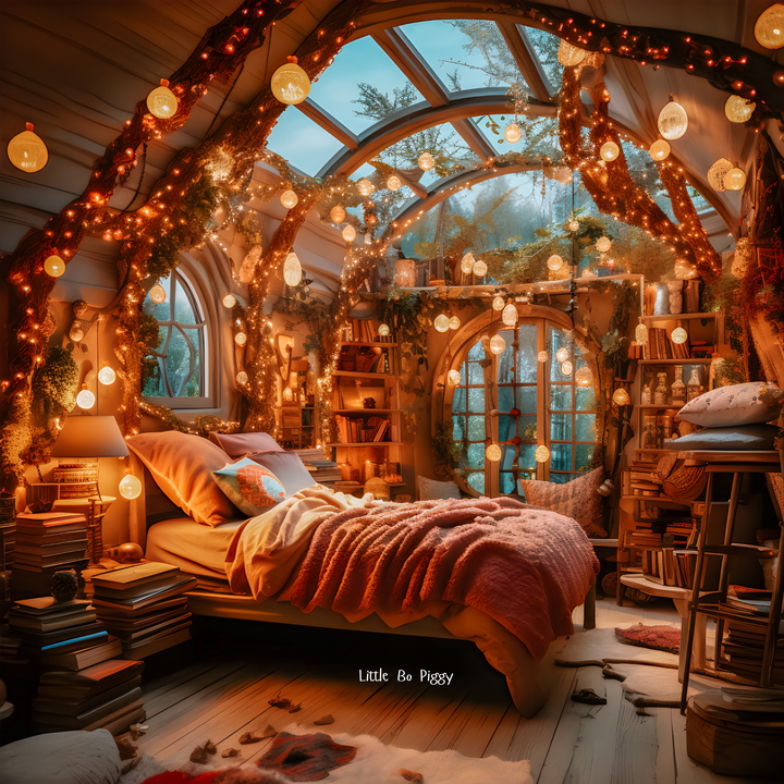 a bedroom at dusk, lit up with fairy lights and fairy lanterns, hung all over the ceiling and around the trellises of the room, a sky roof ceiling of glass allows mooning to shine through, woodland themed, enchanted forest themed