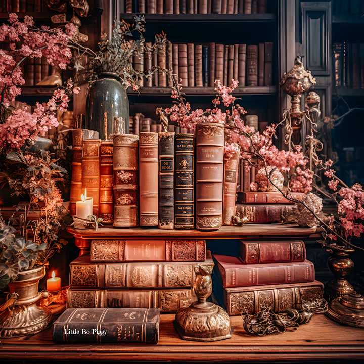 a bookshelf full of vintage and antique fairytale books, leather-bound, surround by candles and other ancient artifacts - a great scene for booklovers