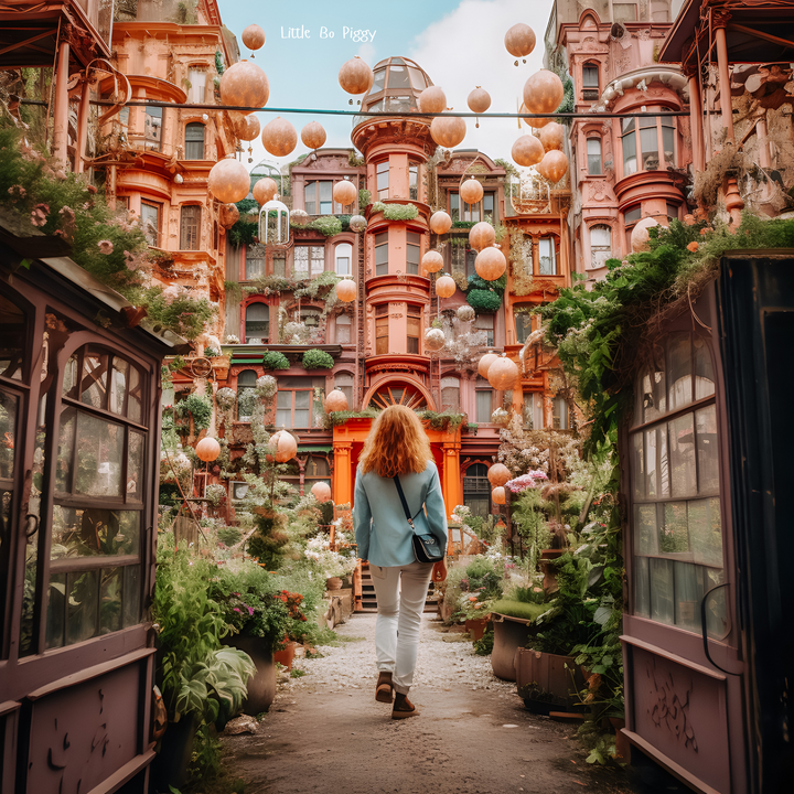 a girl walking through an urban jungle, whimsical buildings, Wes Anderson style, cinematic look, pink and orange buildings