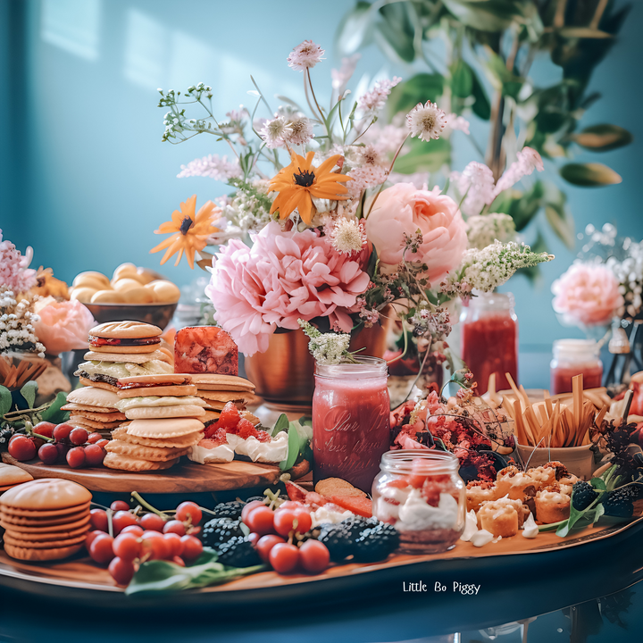 a table full of cookies and smoothies and cake, sunflowers in vase, light blue wall
