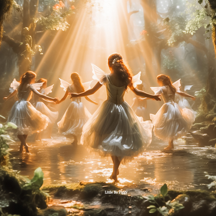 a group of dancing fairies, fairy royalty, protective of nature and animals