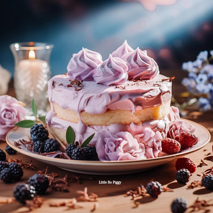 lavender sponge cake with buttercream frosting, food photography, garnished with berries, on a china plate, near a candle, dusk