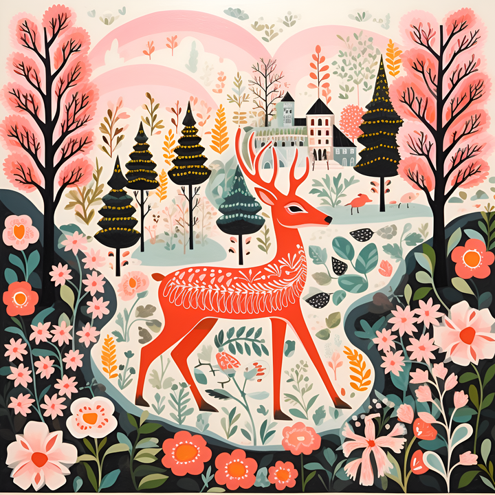 a deer in a forest, painting, layered illustration