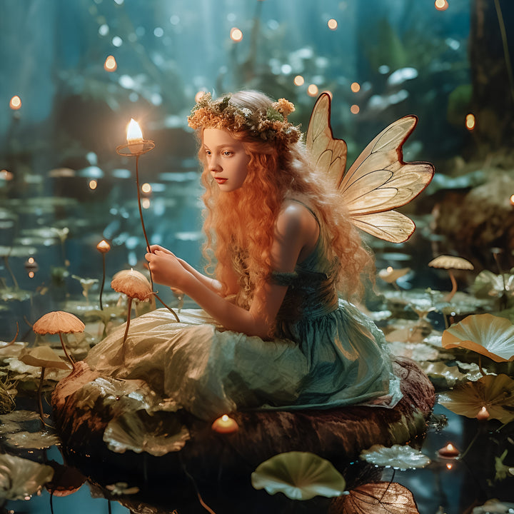 a fairy sitting on a lilypad under moonlight